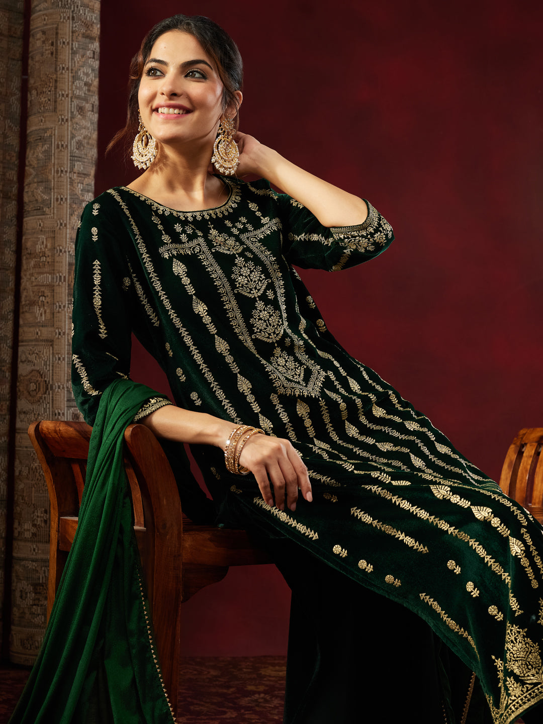 Bottle Green Velvet Foil Print 3-Piece Kurta Set
