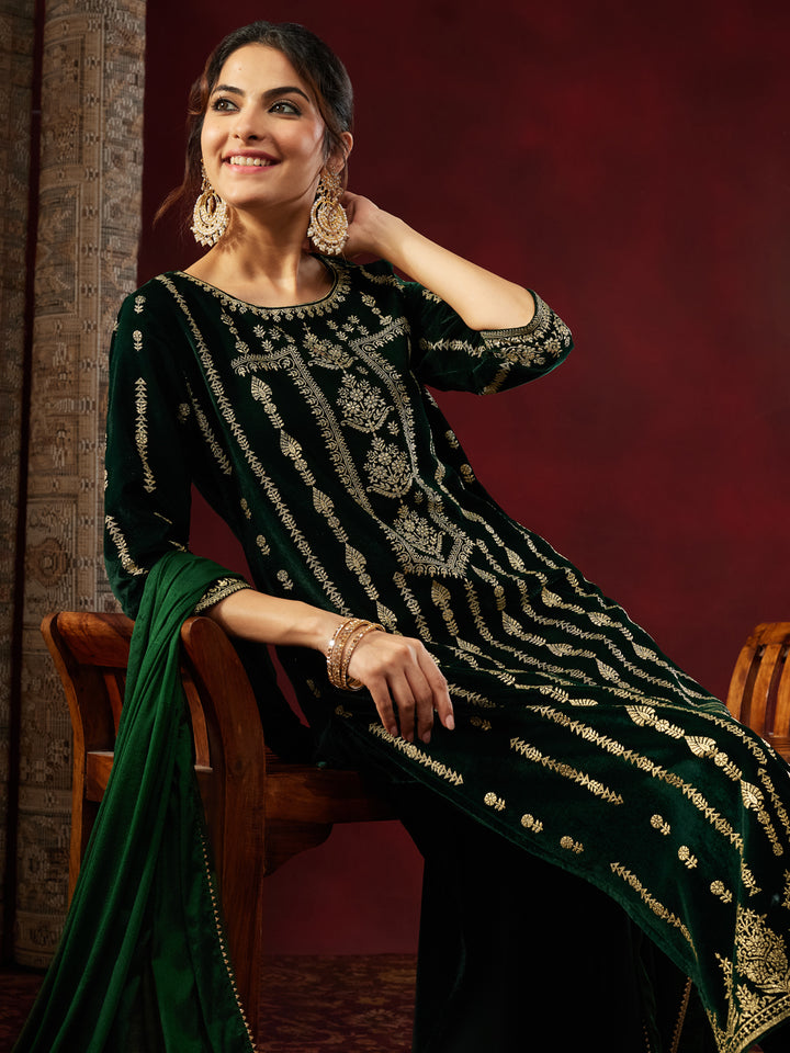 Bottle Green Velvet Foil Print 3-Piece Kurta Set
