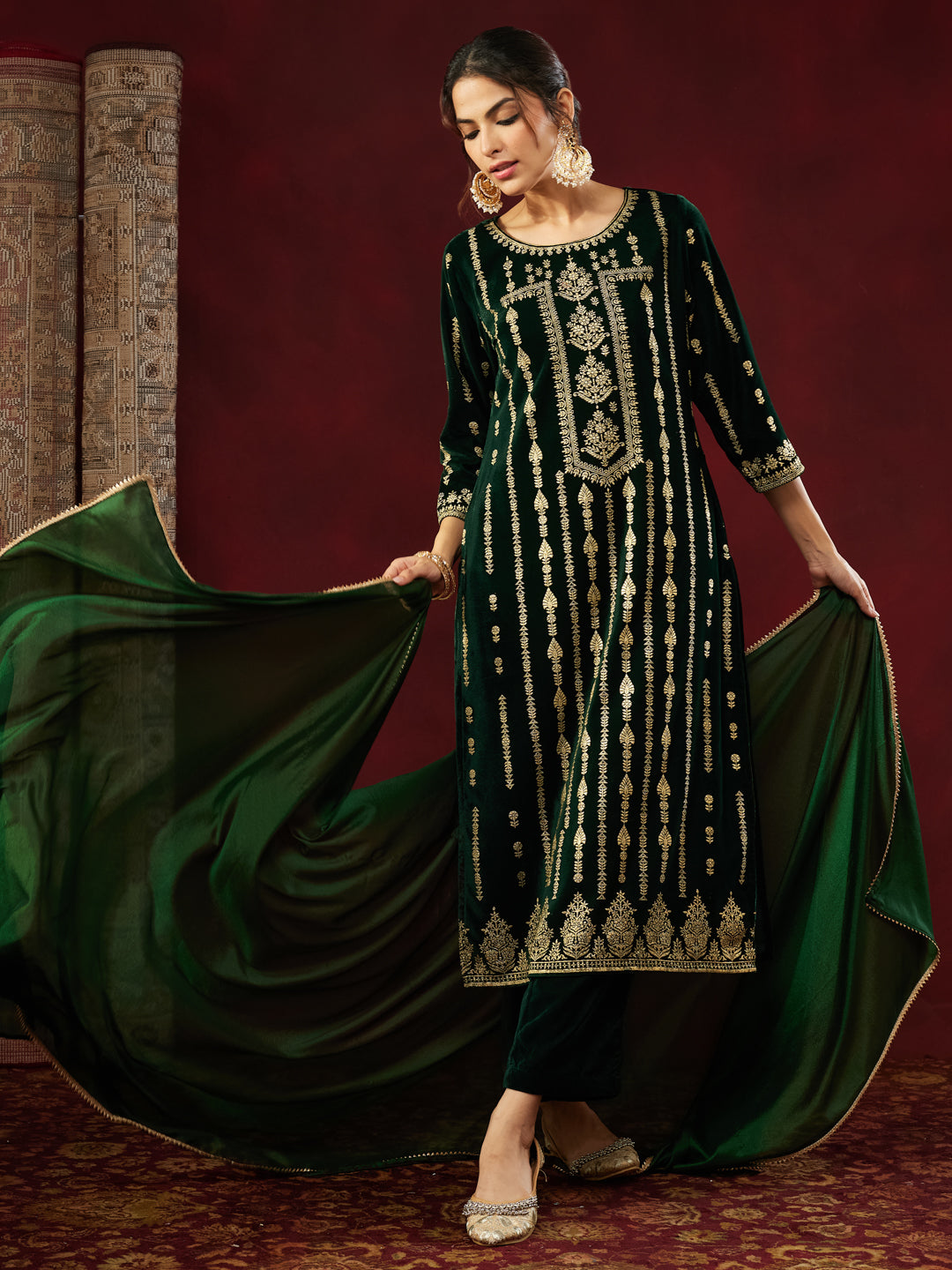 Bottle Green Velvet Foil Print 3-Piece Kurta Set