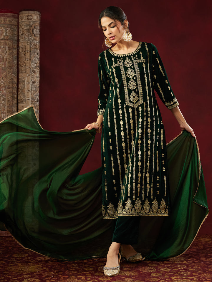 Bottle Green Velvet Foil Print 3-Piece Kurta Set
