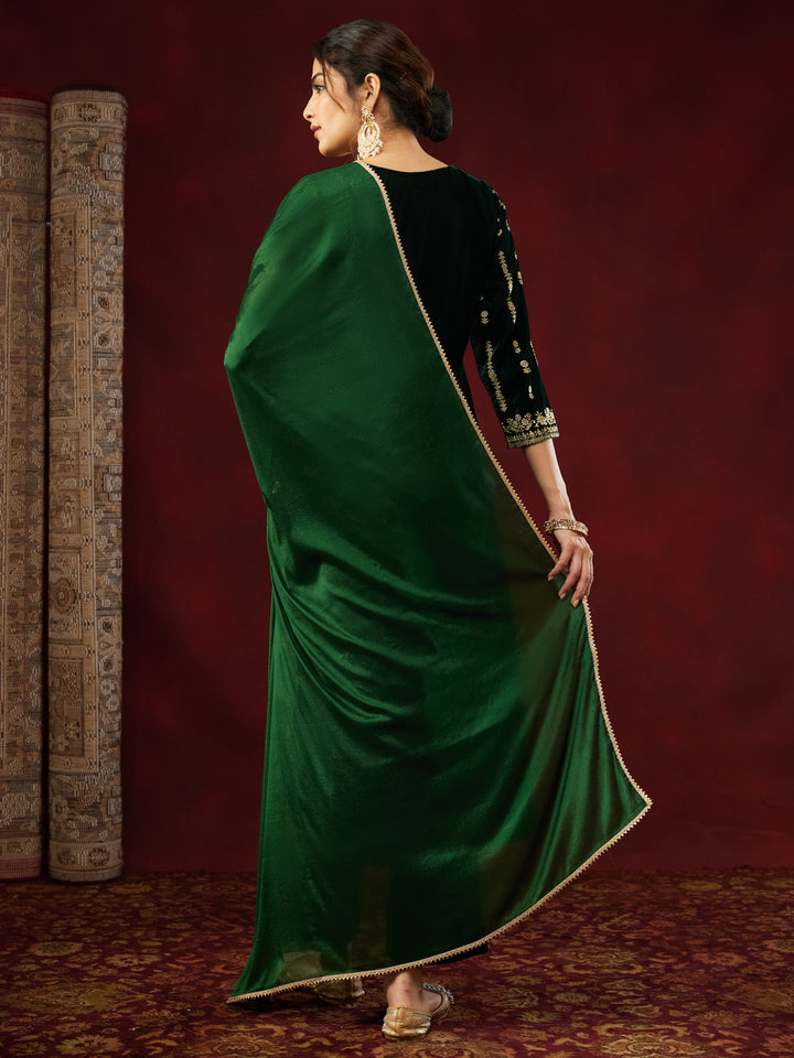 Bottle Green Velvet Foil Print 3-Piece Kurta Set