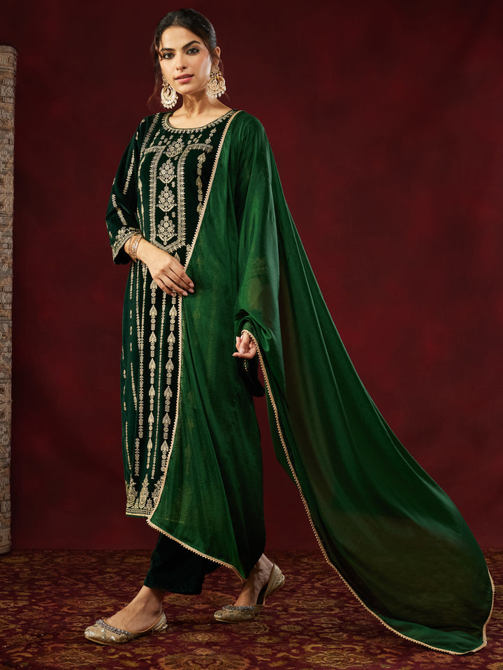 Bottle Green Velvet Foil Print 3-Piece Kurta Set