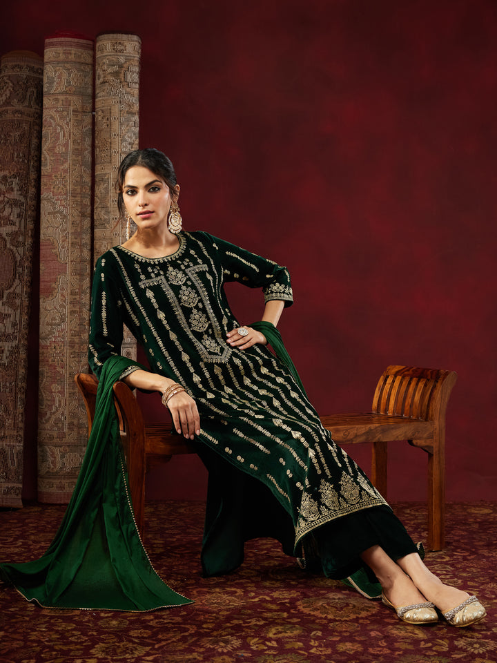 Bottle Green Velvet Foil Print 3-Piece Kurta Set