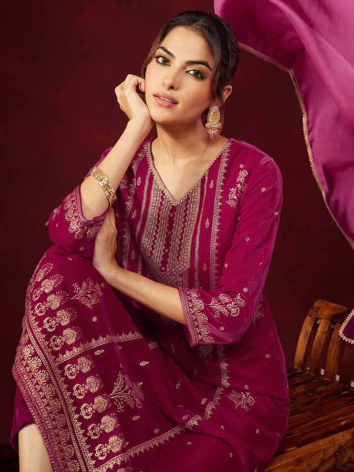 Pink Velvet Foil Print 3-Piece Kurta Set