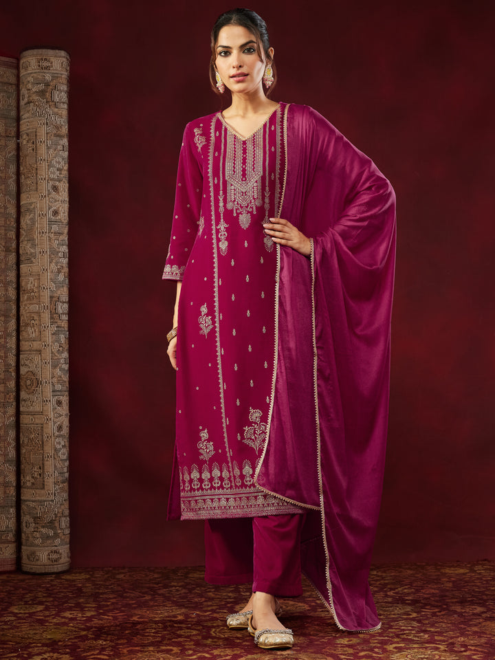 Pink Velvet Foil Print 3-Piece Kurta Set