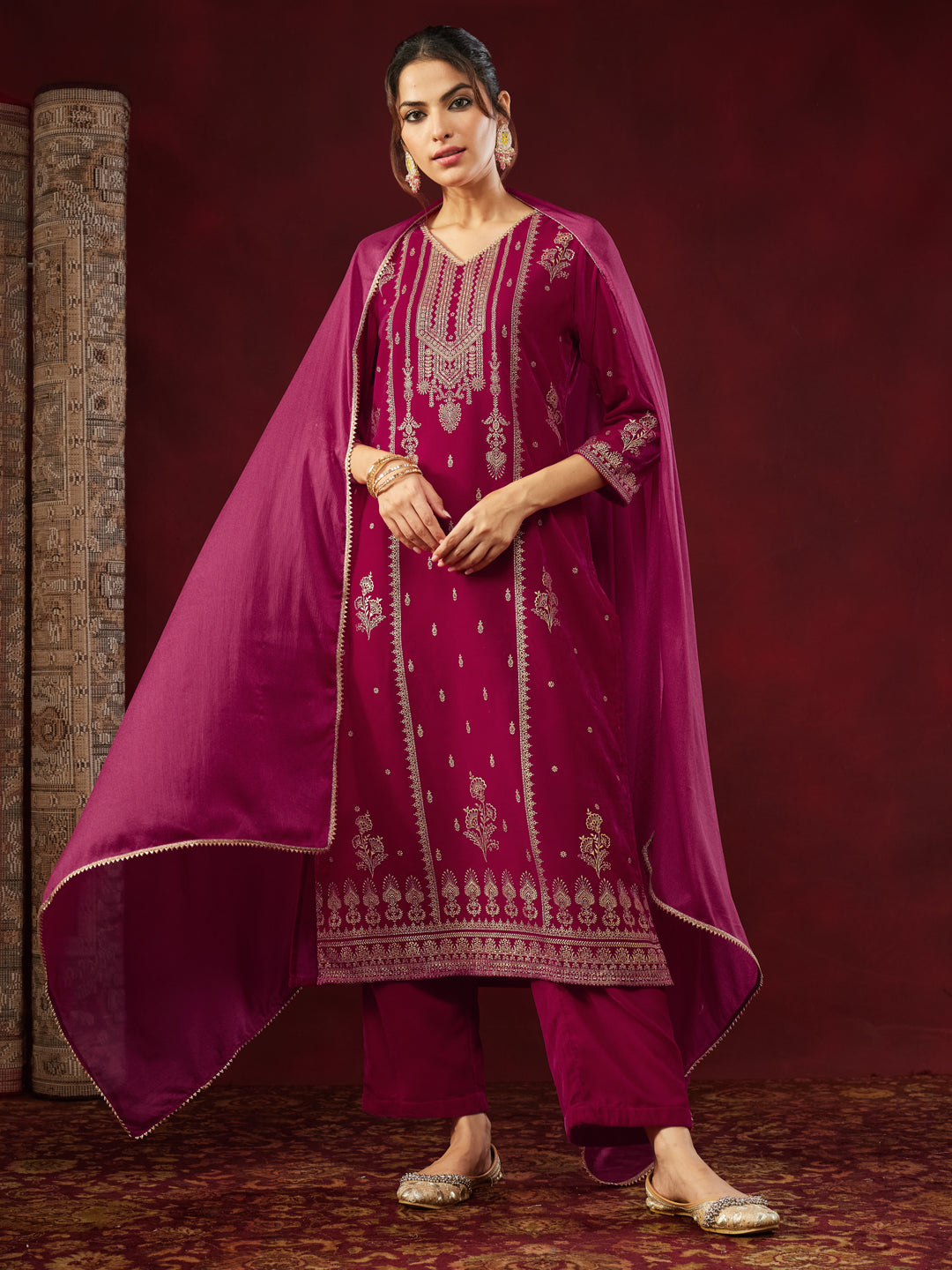 Pink Velvet Foil Print 3-Piece Kurta Set