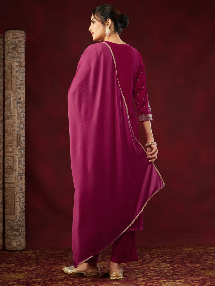 Pink Velvet Foil Print 3-Piece Kurta Set