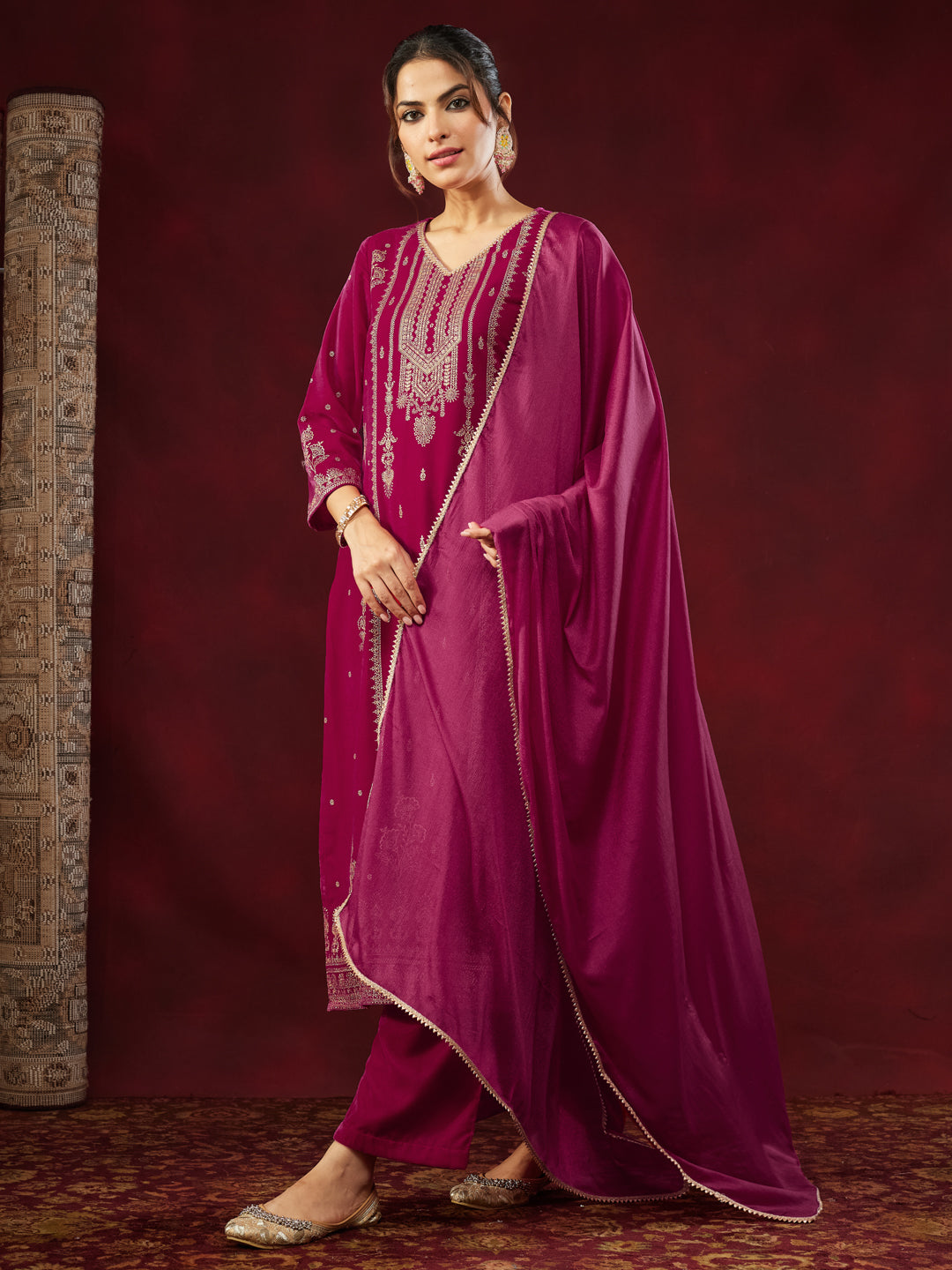 Pink Velvet Foil Print 3-Piece Kurta Set