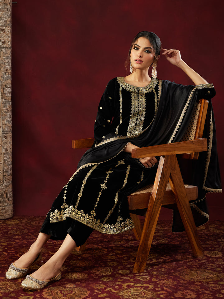 Black Velvet Foil Print 3-Piece Kurta Set