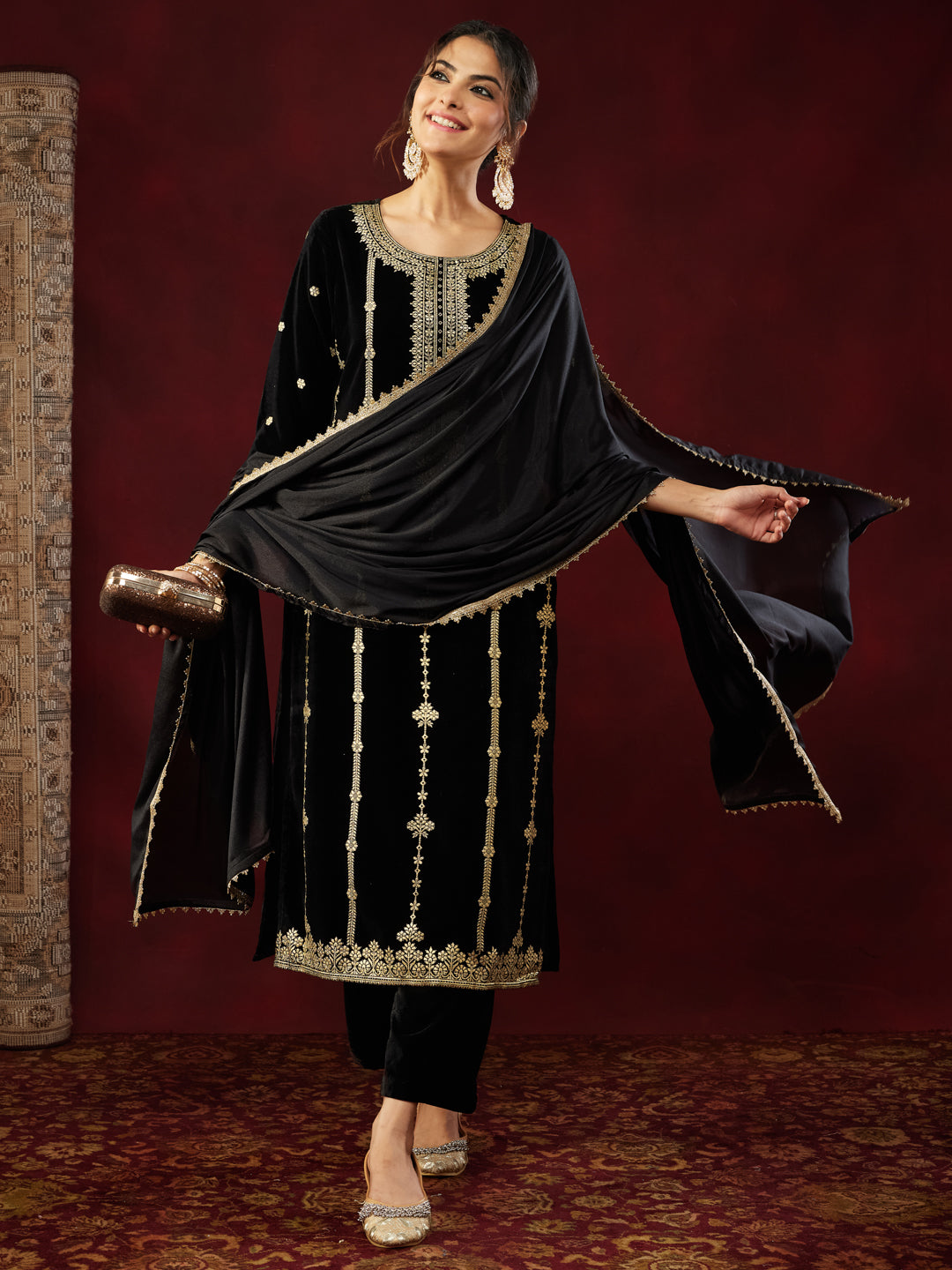Black Velvet Foil Print 3-Piece Kurta Set