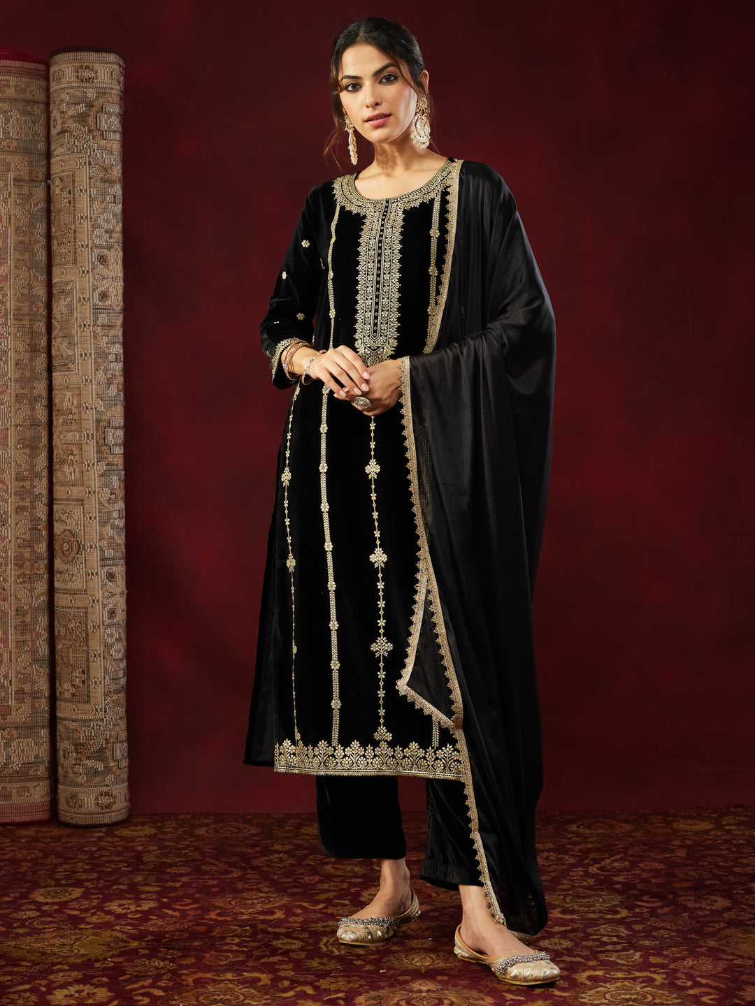 Black Velvet Foil Print 3-Piece Kurta Set