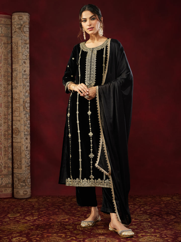 Black Velvet Foil Print 3-Piece Kurta Set