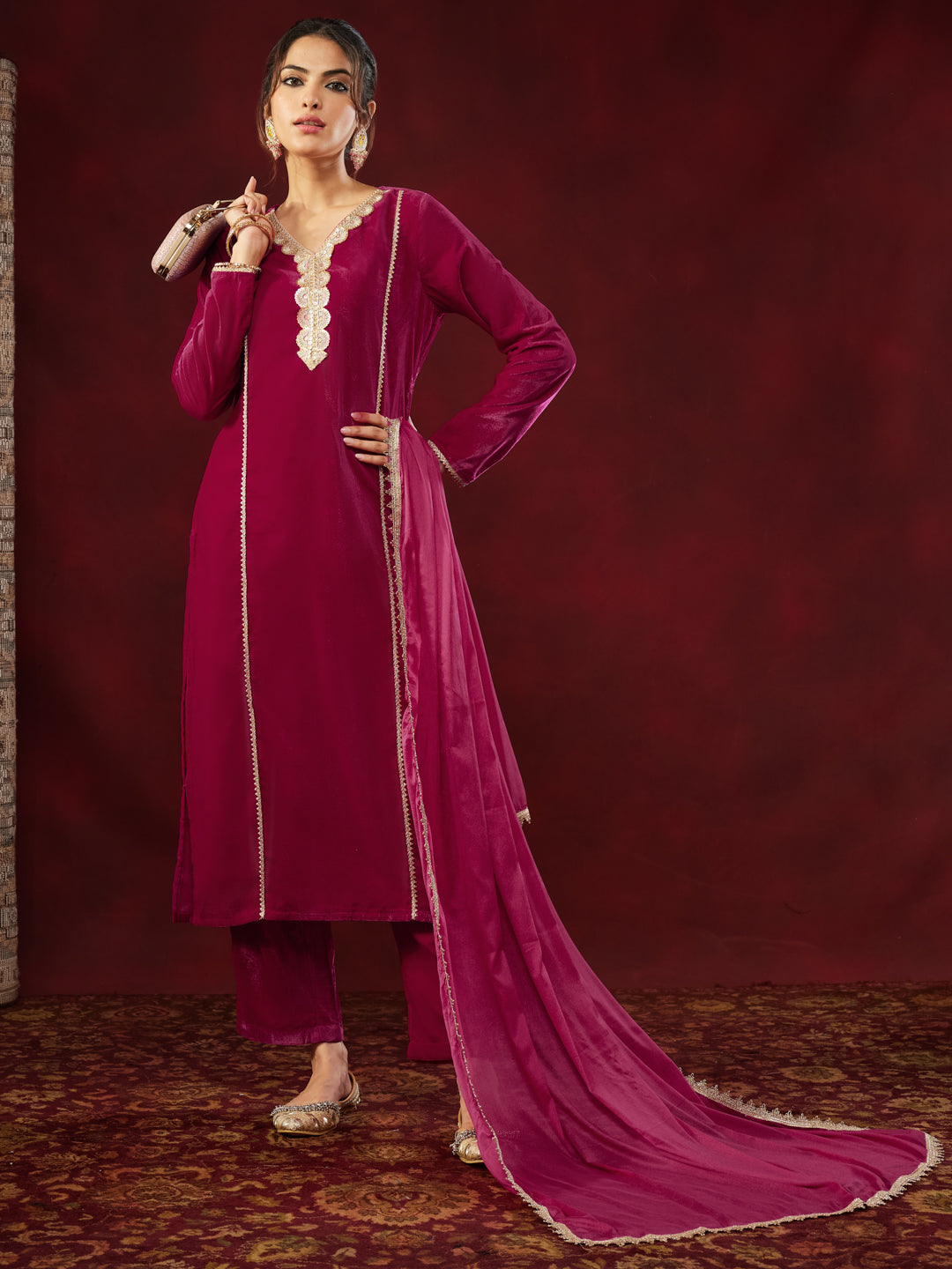 Pink Velvet Embellished 3-Piece Kurta Set