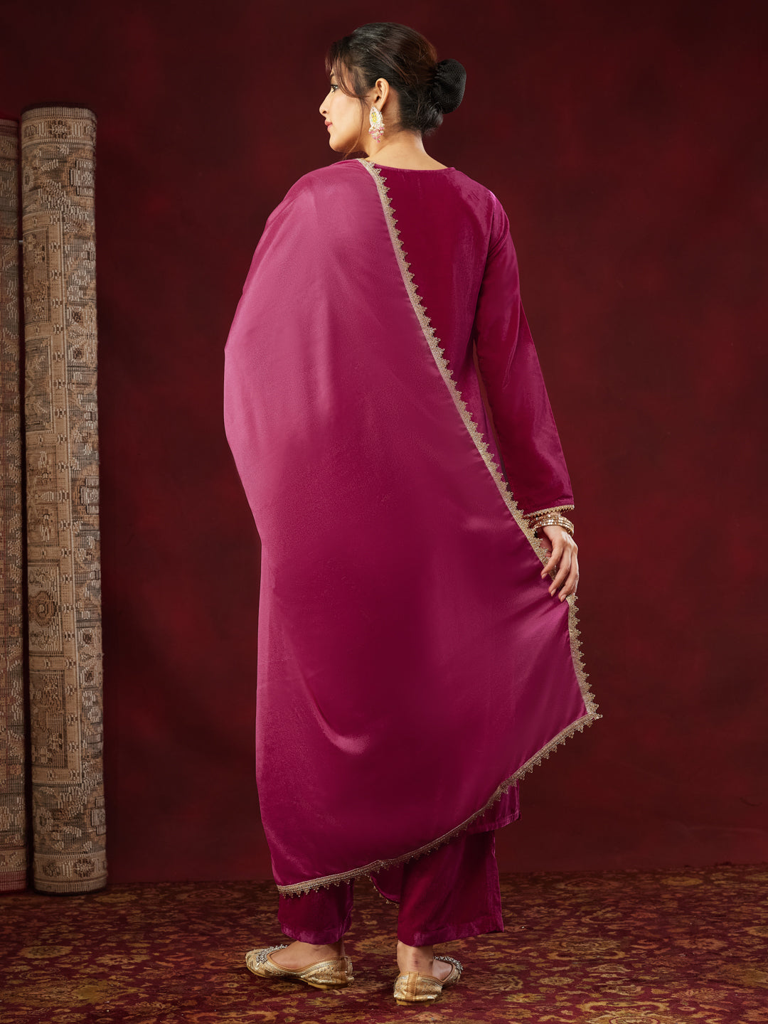 Pink Velvet Embellished 3-Piece Kurta Set
