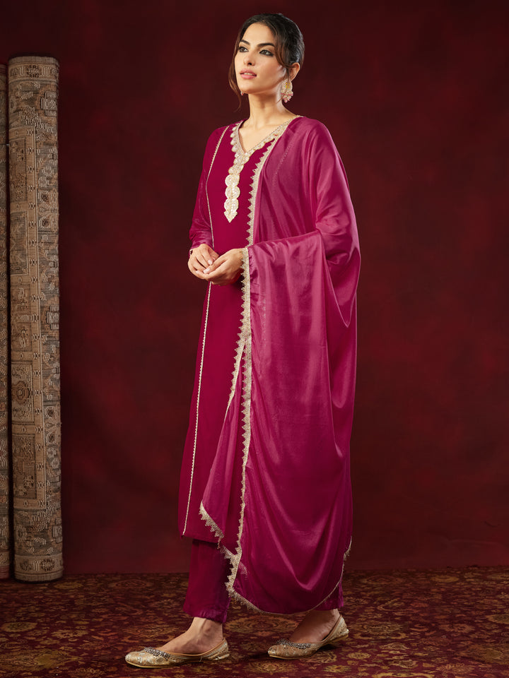 Pink Velvet Embellished 3-Piece Kurta Set