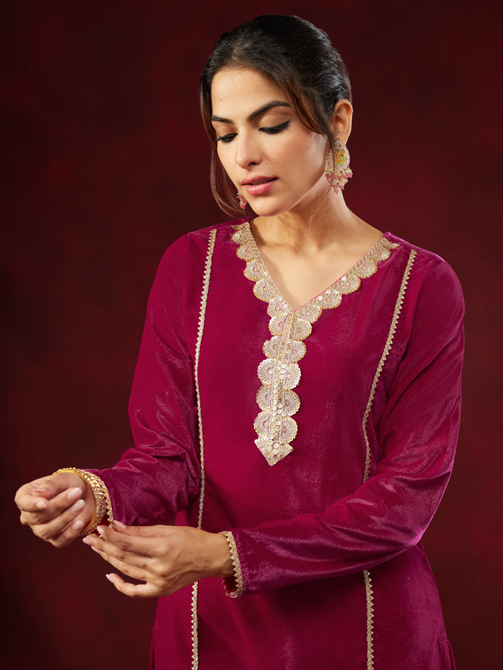 Pink Velvet Embellished 3-Piece Kurta Set