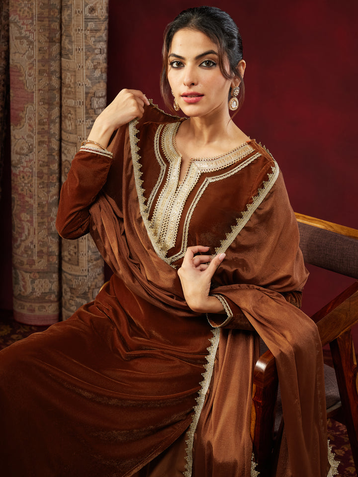 Brown Velvet Embellished 3-Piece Kurta Set