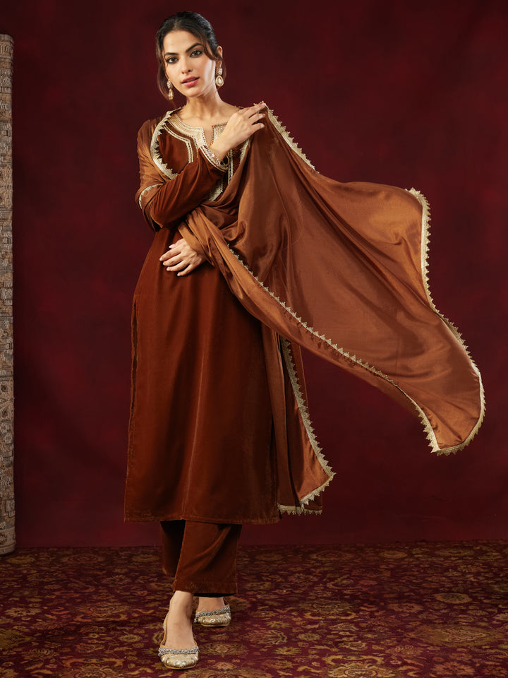 Brown Velvet Embellished 3-Piece Kurta Set
