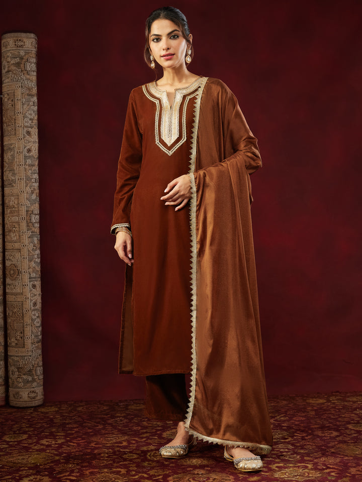 Brown Velvet Embellished 3-Piece Kurta Set