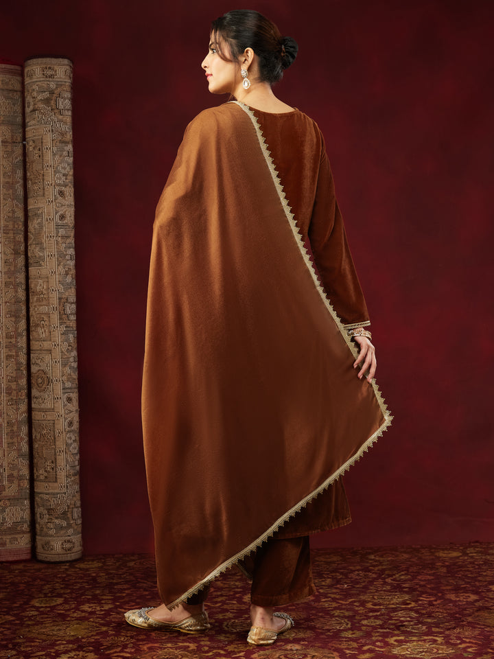 Brown Velvet Embellished 3-Piece Kurta Set