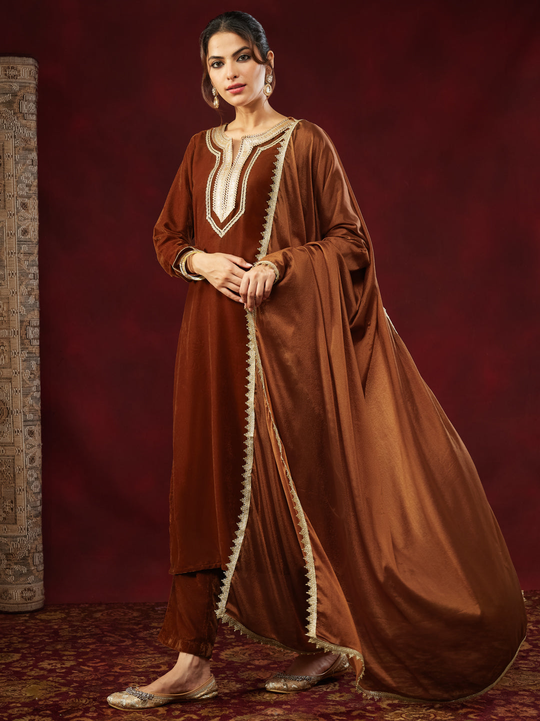 Brown Velvet Embellished 3-Piece Kurta Set