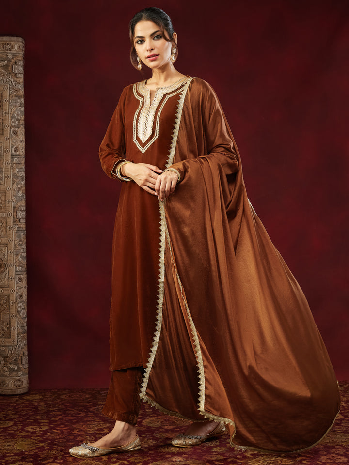 Brown Velvet Embellished 3-Piece Kurta Set
