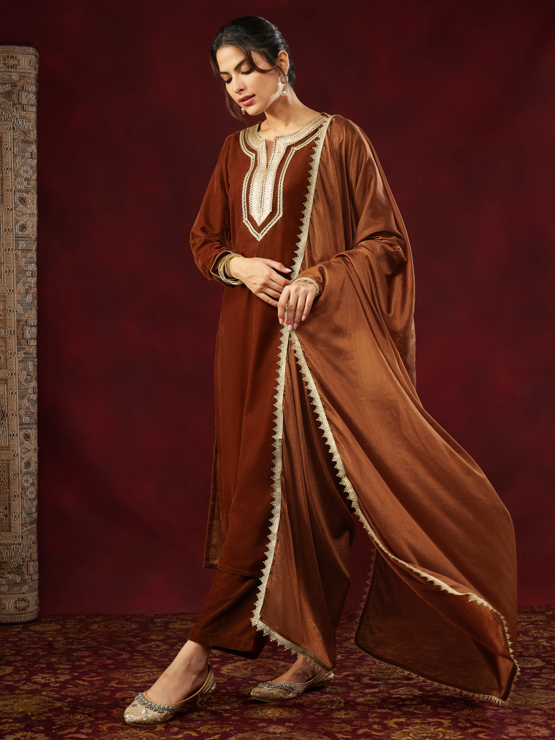 Brown Velvet Embellished 3-Piece Kurta Set