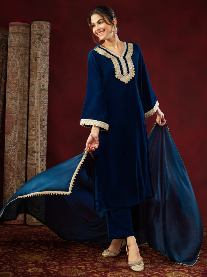 Teal Velvet Embellished 3-Piece Kurta Set
