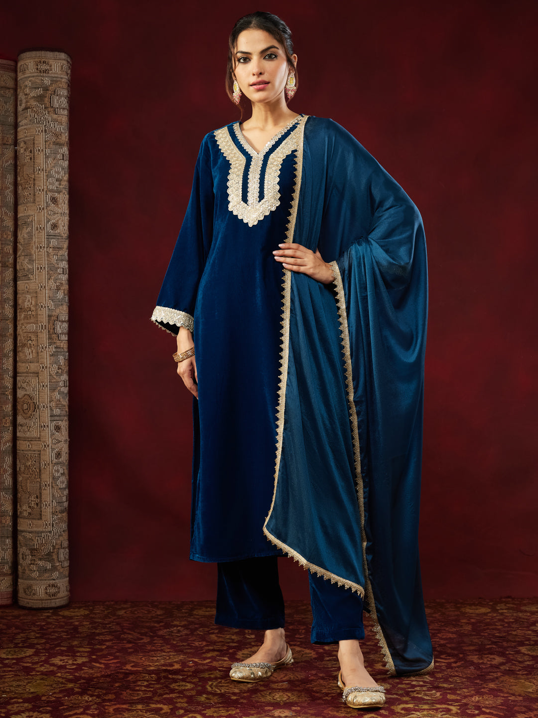 Teal Velvet Embellished 3-Piece Kurta Set