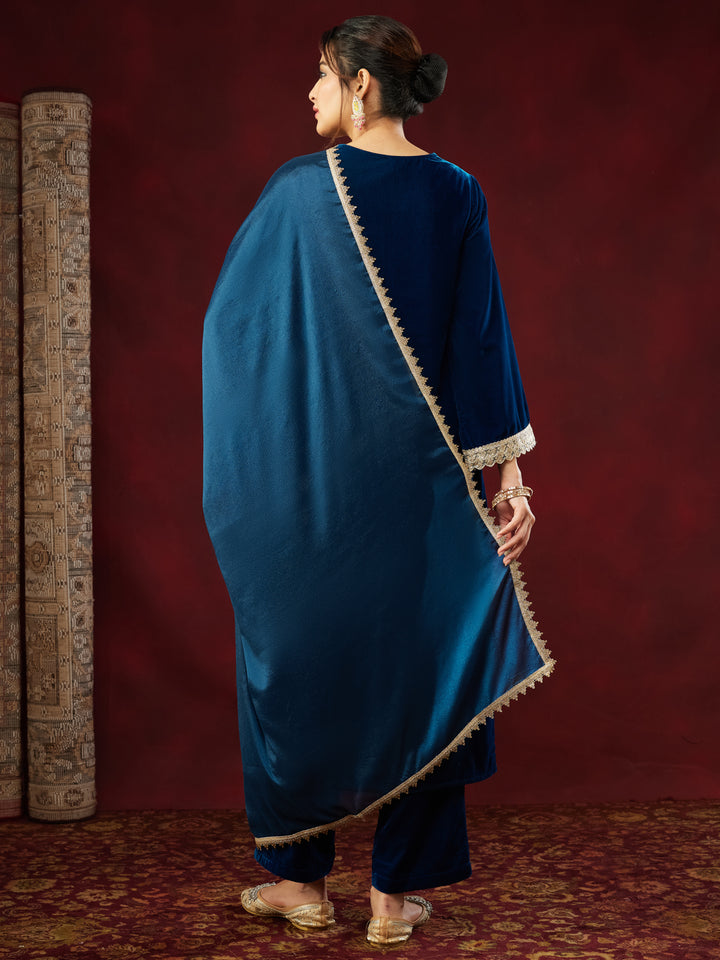 Teal Velvet Embellished 3-Piece Kurta Set