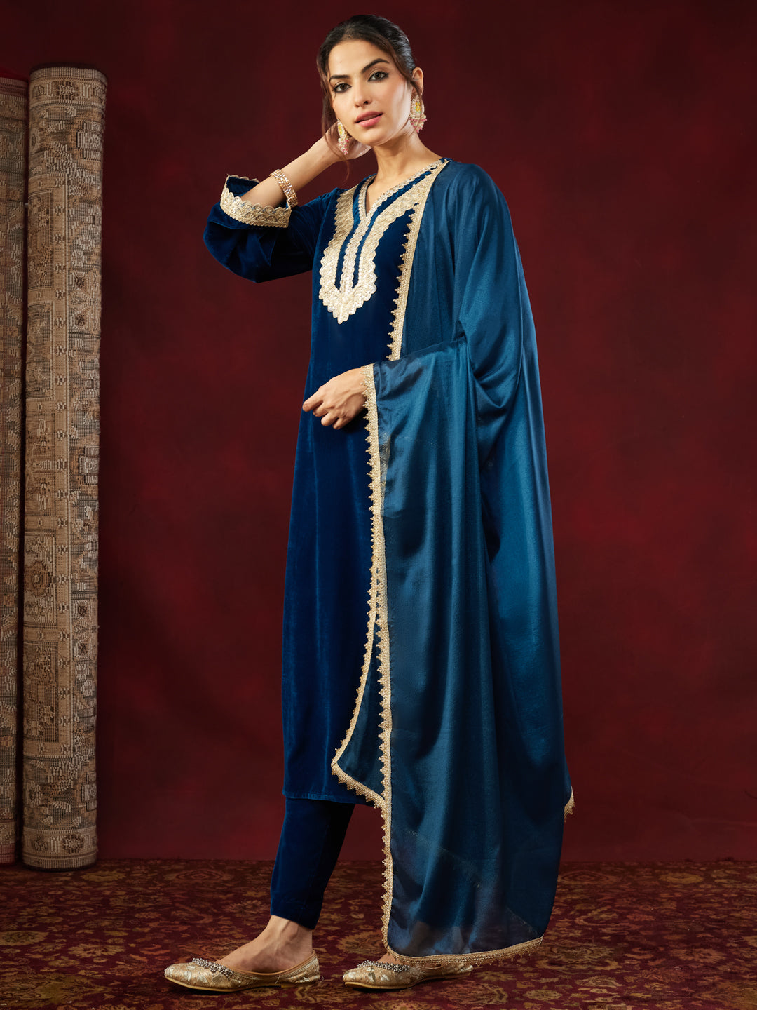 Teal Velvet Embellished 3-Piece Kurta Set