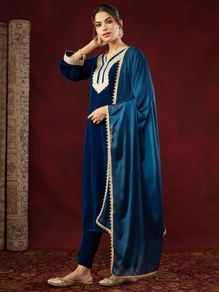 Teal Velvet Embellished 3-Piece Kurta Set