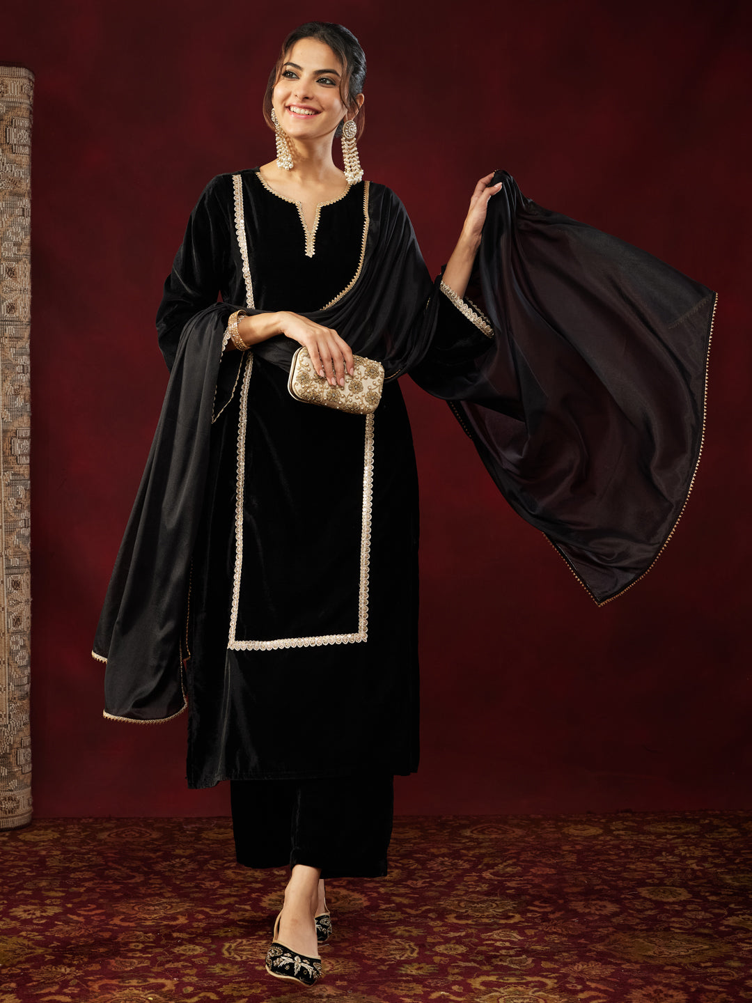 Black Velvet Embellished 3-Piece Kurta Set
