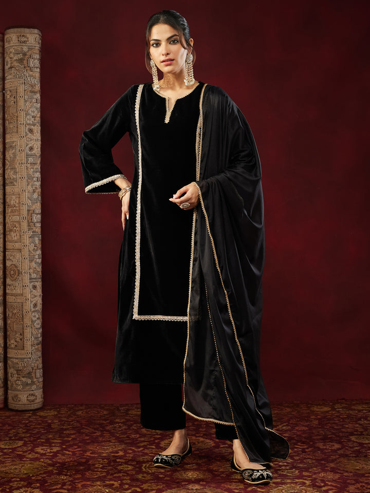 Black Velvet Embellished 3-Piece Kurta Set