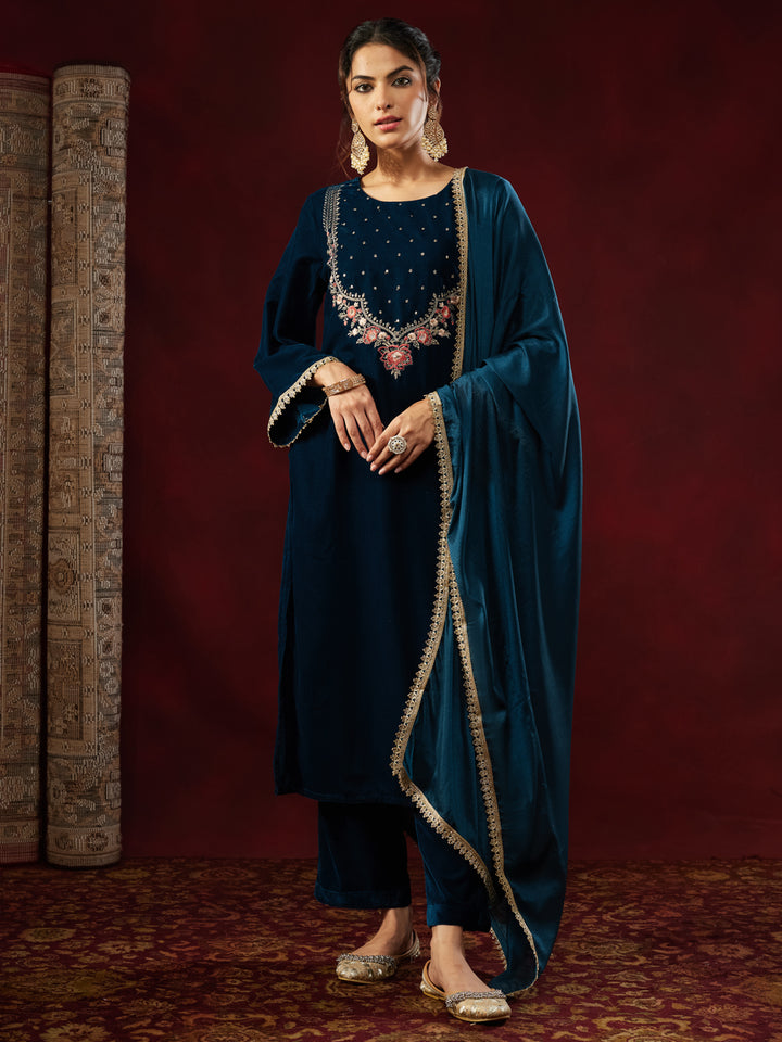 Teal Velvet Yoke Embroidery 3-Piece Kurta Set