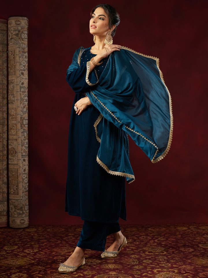 Teal Velvet Yoke Embroidery 3-Piece Kurta Set