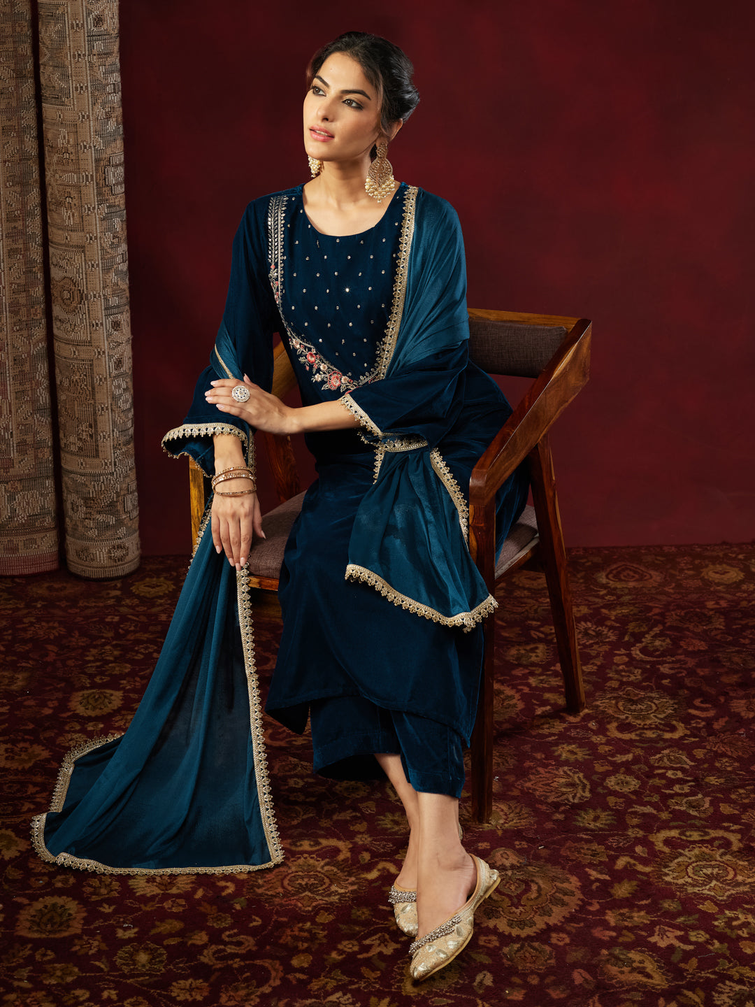 Teal Velvet Yoke Embroidery 3-Piece Kurta Set