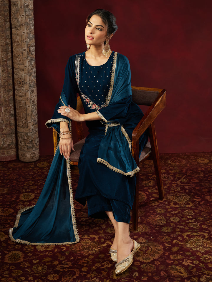 Teal Velvet Yoke Embroidery 3-Piece Kurta Set