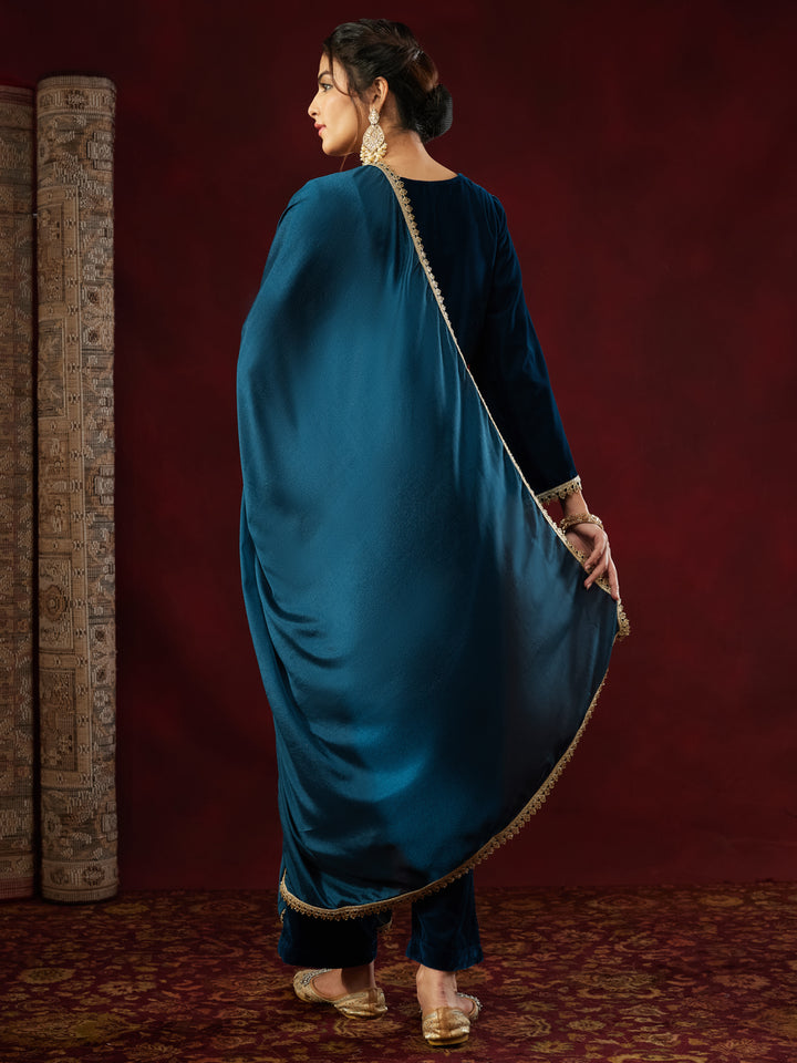 Teal Velvet Yoke Embroidery 3-Piece Kurta Set