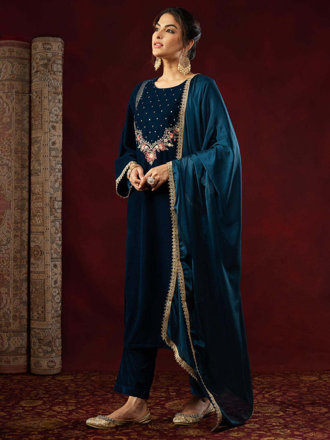 Teal Velvet Yoke Embroidery 3-Piece Kurta Set