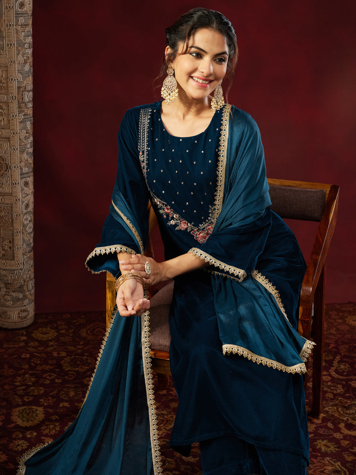Teal Velvet Yoke Embroidery 3-Piece Kurta Set