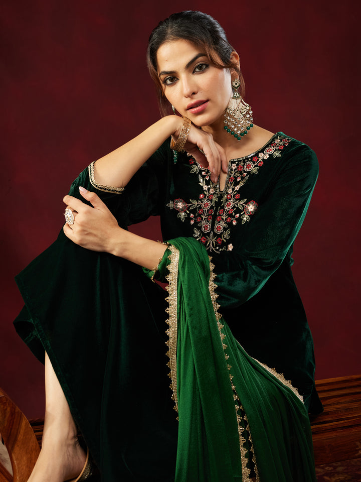 Bottle Green Velvet Yoke Embroidery 3-Piece Kurta Set