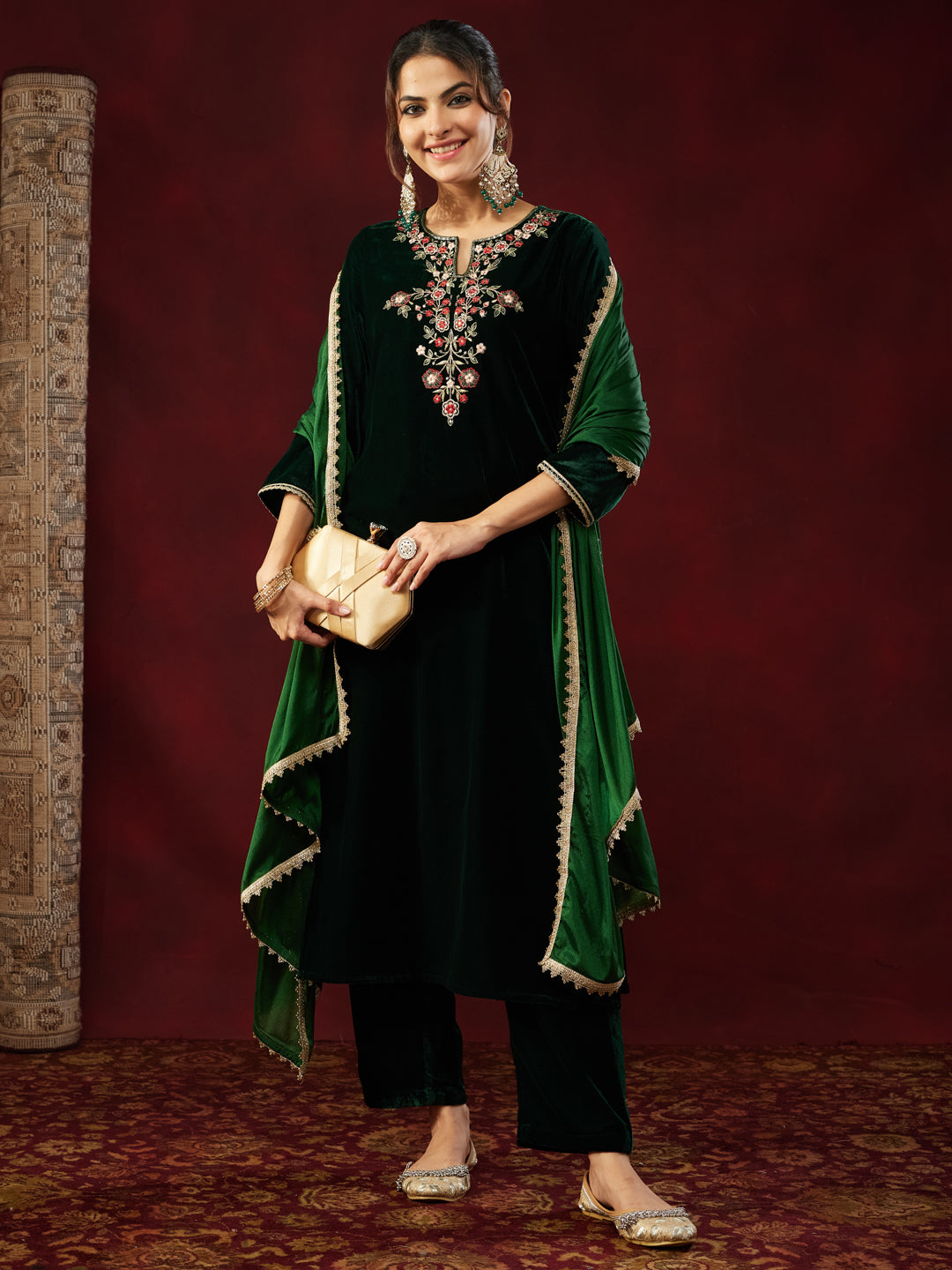 Bottle Green Velvet Yoke Embroidery 3-Piece Kurta Set