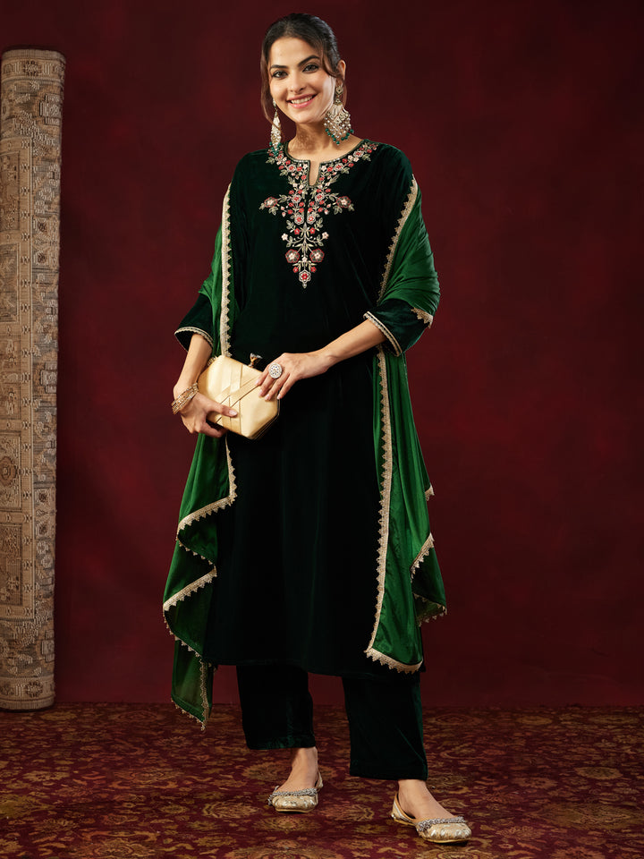 Bottle Green Velvet Yoke Embroidery 3-Piece Kurta Set
