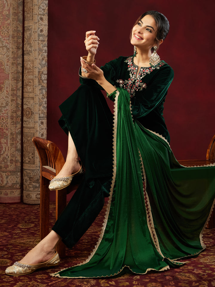 Bottle Green Velvet Yoke Embroidery 3-Piece Kurta Set