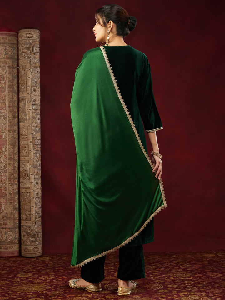 Bottle Green Velvet Yoke Embroidery 3-Piece Kurta Set