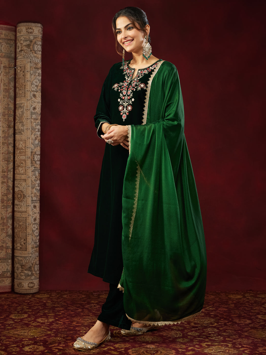 Bottle Green Velvet Yoke Embroidery 3-Piece Kurta Set