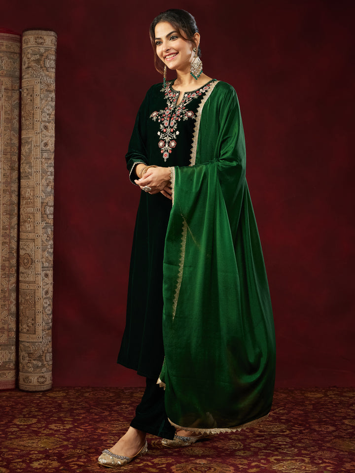 Bottle Green Velvet Yoke Embroidery 3-Piece Kurta Set
