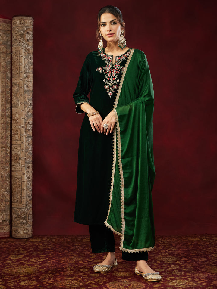 Bottle Green Velvet Yoke Embroidery 3-Piece Kurta Set