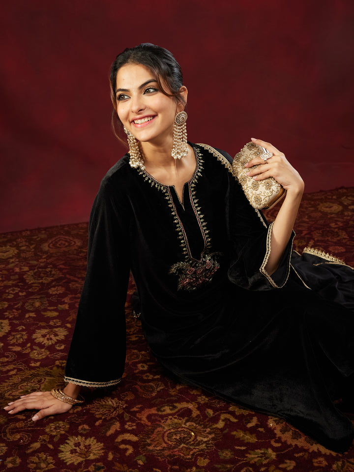 Black Velvet Yoke Embroidery 3-Piece Kurta Set
